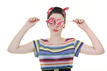 Image showing pretty young happy woman with travel bag waiting and posing isol