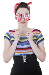 Image showing happy woman with lollipop isolated on white 