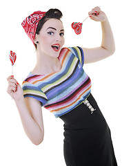 Image showing happy woman with lollipop isolated on white 