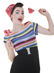 Image showing happy woman with lollipop isolated on white 