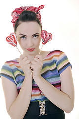 Image showing pretty young happy woman with travel bag waiting and posing isol