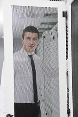 Image showing young it engeneer in datacenter server room