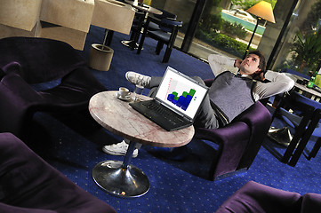 Image showing Happy man sitting and working on laptop