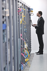 Image showing businessman with laptop in network server room