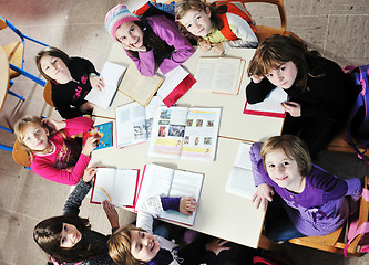 Image showing happy kids with  teacher in  school classroom