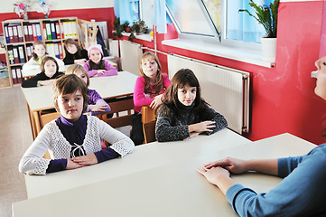 Image showing happy kids with  teacher in  school classroom