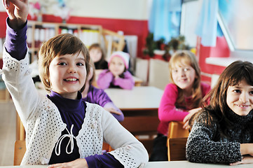 Image showing happy kids with  teacher in  school classroom