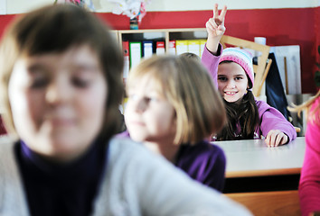 Image showing happy kids with  teacher in  school classroom