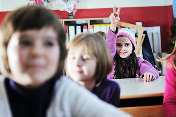 Image showing happy kids with  teacher in  school classroom