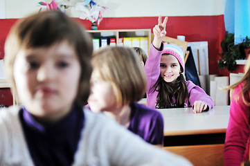 Image showing happy kids with  teacher in  school classroom