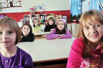 Image showing happy kids with  teacher in  school classroom