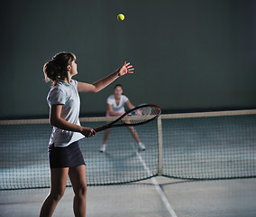 Image showing young girls playing tennis game indoor