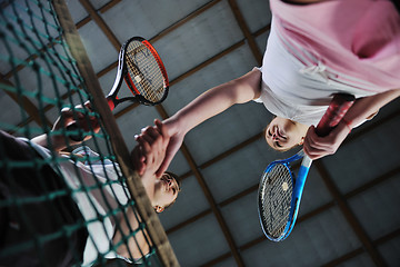 Image showing young girls playing tennis game indoor