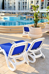 Image showing Empty chairs by the pool of  hotel