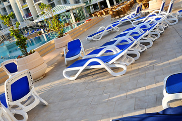 Image showing Empty chairs by the pool of  hotel