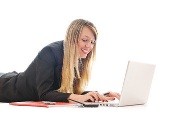 Image showing one young girl work on laptop isolated on white