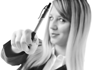 Image showing young business woman with pen