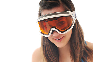 Image showing woman with ski googles isolated on white
