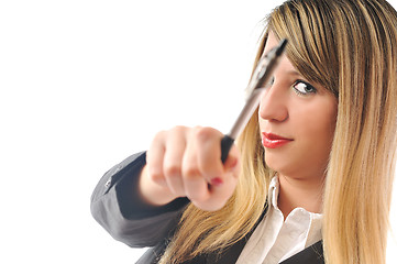 Image showing one young business woman with pen