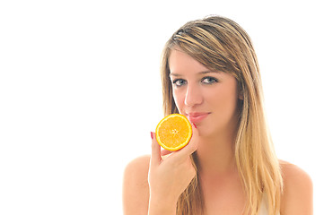 Image showing woman isolated on white hold orange