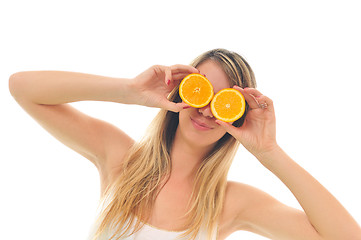 Image showing woman isolated on white hold orange