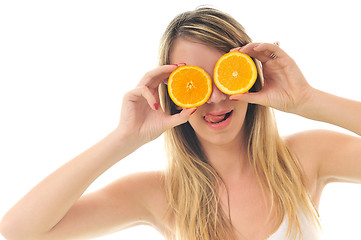 Image showing woman isolated on white hold orange