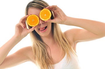 Image showing woman isolated on white hold orange