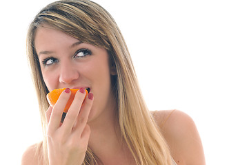 Image showing woman isolated on white hold orange