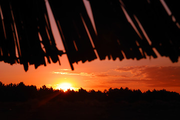 Image showing sunshine on beach with beach umbrellas silhouette