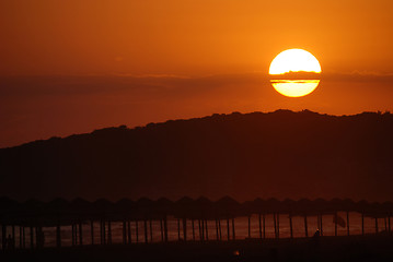 Image showing sunshine on beach with beach umbrellas silhouette