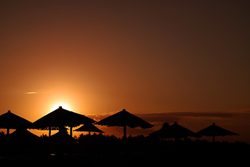 Image showing sunshine on beach with beach umbrellas silhouette