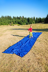 Image showing model imitation on blue carpet