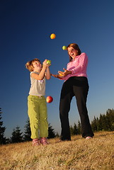 Image showing Food balancing concept with girls in nature