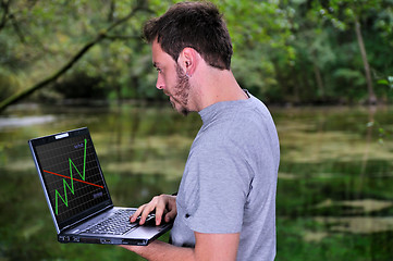 Image showing young businessman working on laptop outdoor