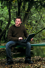 Image showing young businessman working on laptop outdoor