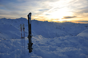 Image showing mountain snow ski sunset