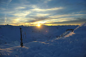 Image showing mountain snow ski sunset