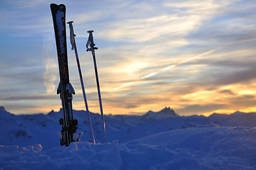 Image showing mountain snow ski sunset