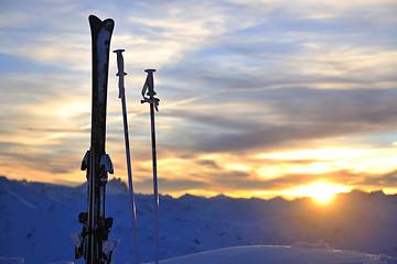 Image showing mountain snow ski sunset