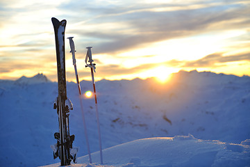 Image showing mountain snow ski sunset