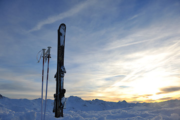 Image showing mountain snow ski sunset