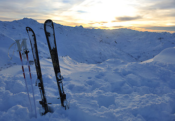 Image showing mountain snow ski sunset