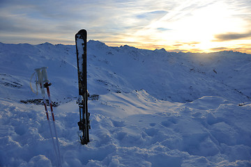 Image showing mountain snow ski sunset