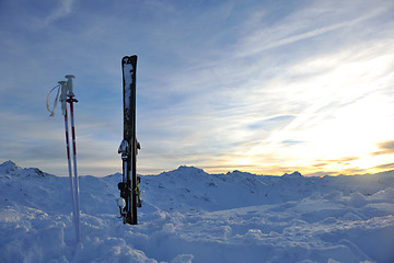 Image showing mountain snow ski sunset