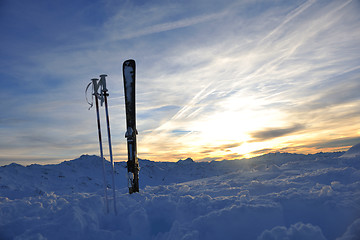 Image showing mountain snow ski sunset