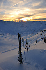 Image showing mountain snow ski sunset