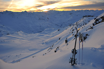 Image showing mountain snow ski sunset