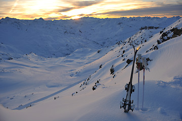 Image showing mountain snow ski sunset