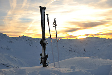 Image showing mountain snow ski sunset