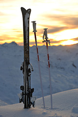 Image showing mountain snow ski sunset